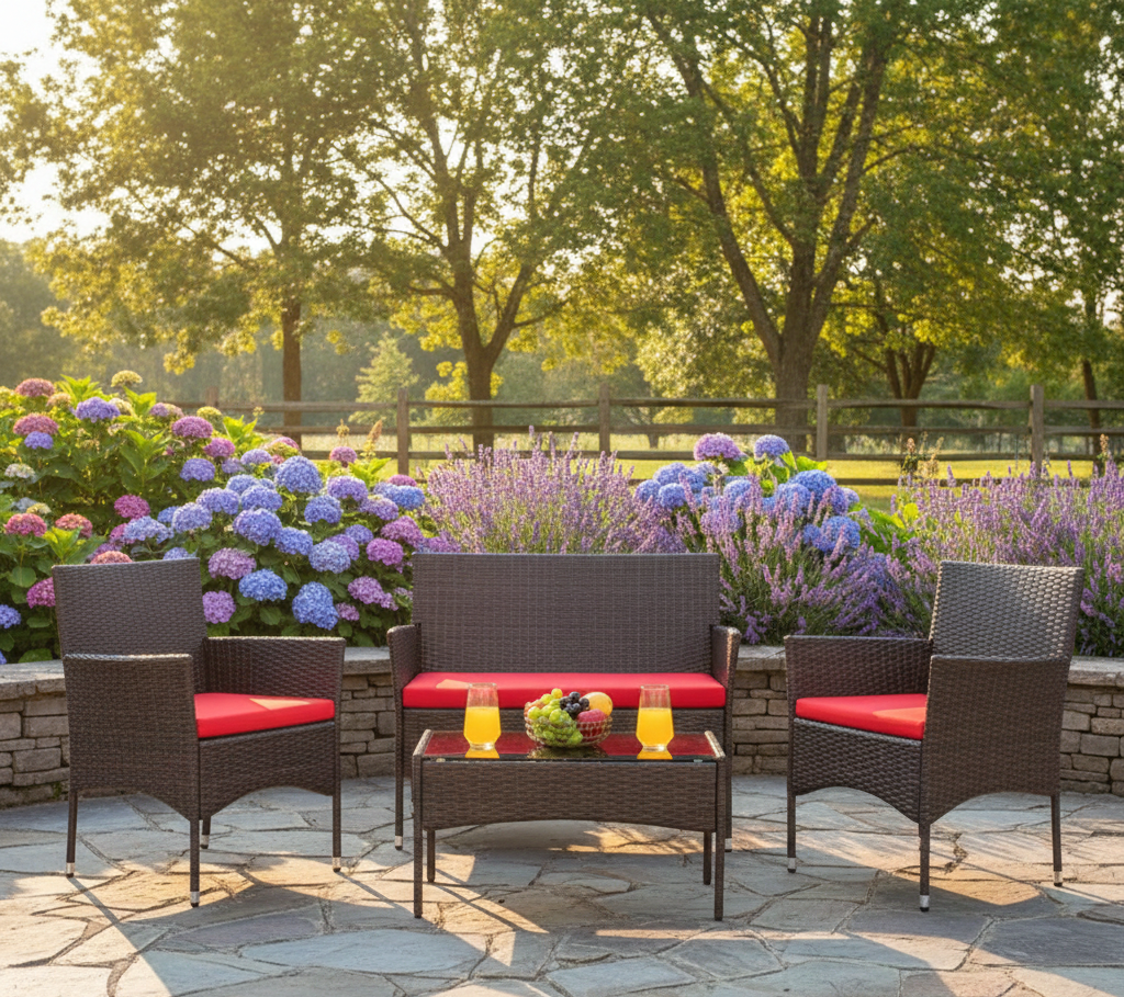 4-Piece Outdoor Patio Furniture Set with Wicker Rattan Sofa & Table
