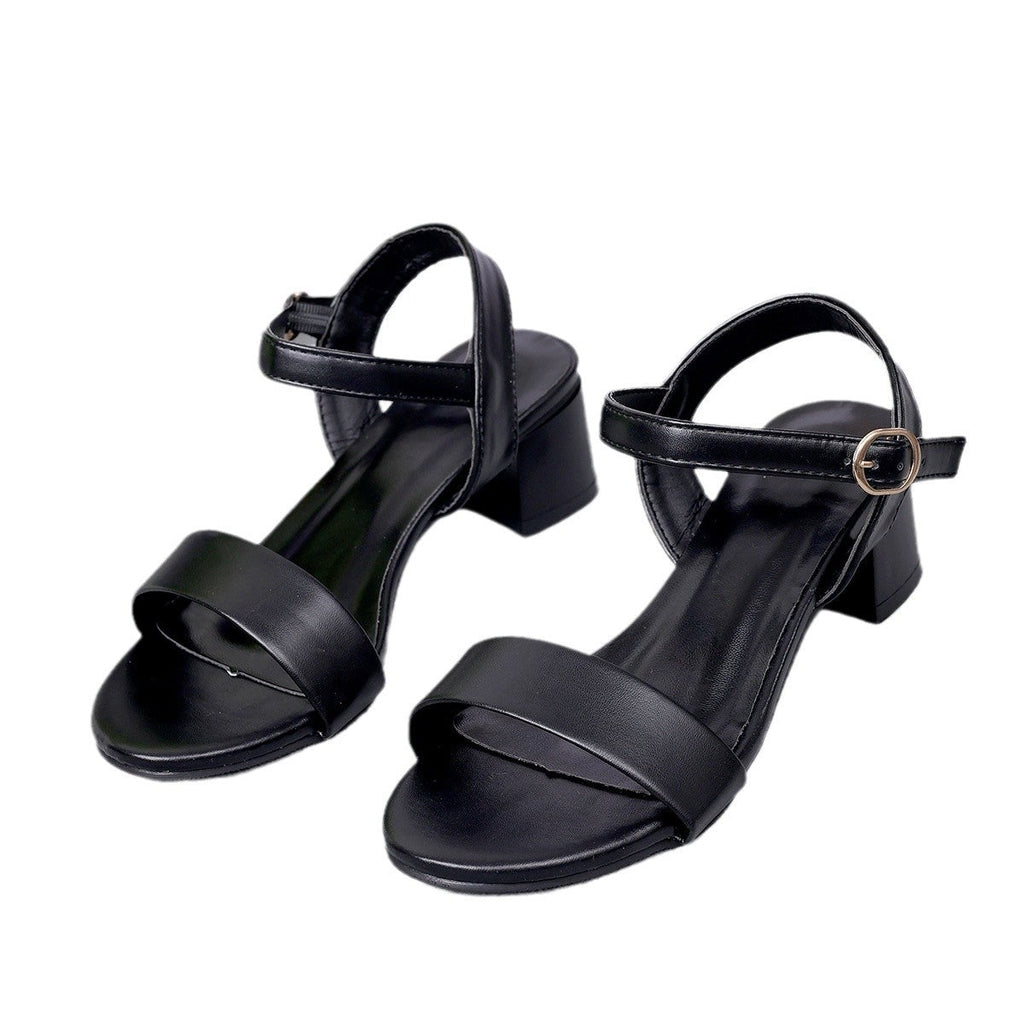 Genuine Leather Black Open Toe Sandals with Low Heel Ankle Strap