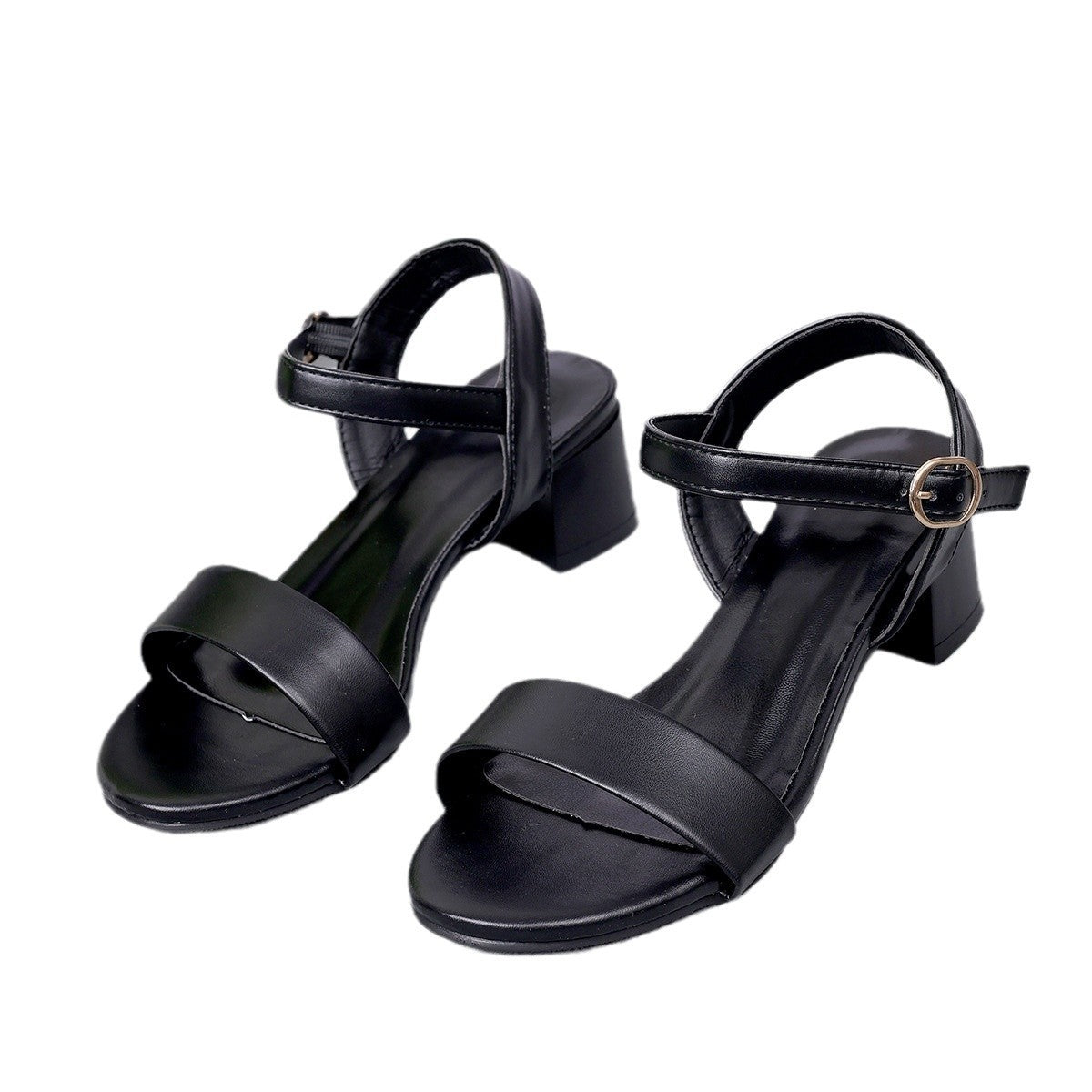 Genuine Leather Black Open Toe Sandals with Low Heel Ankle Strap
