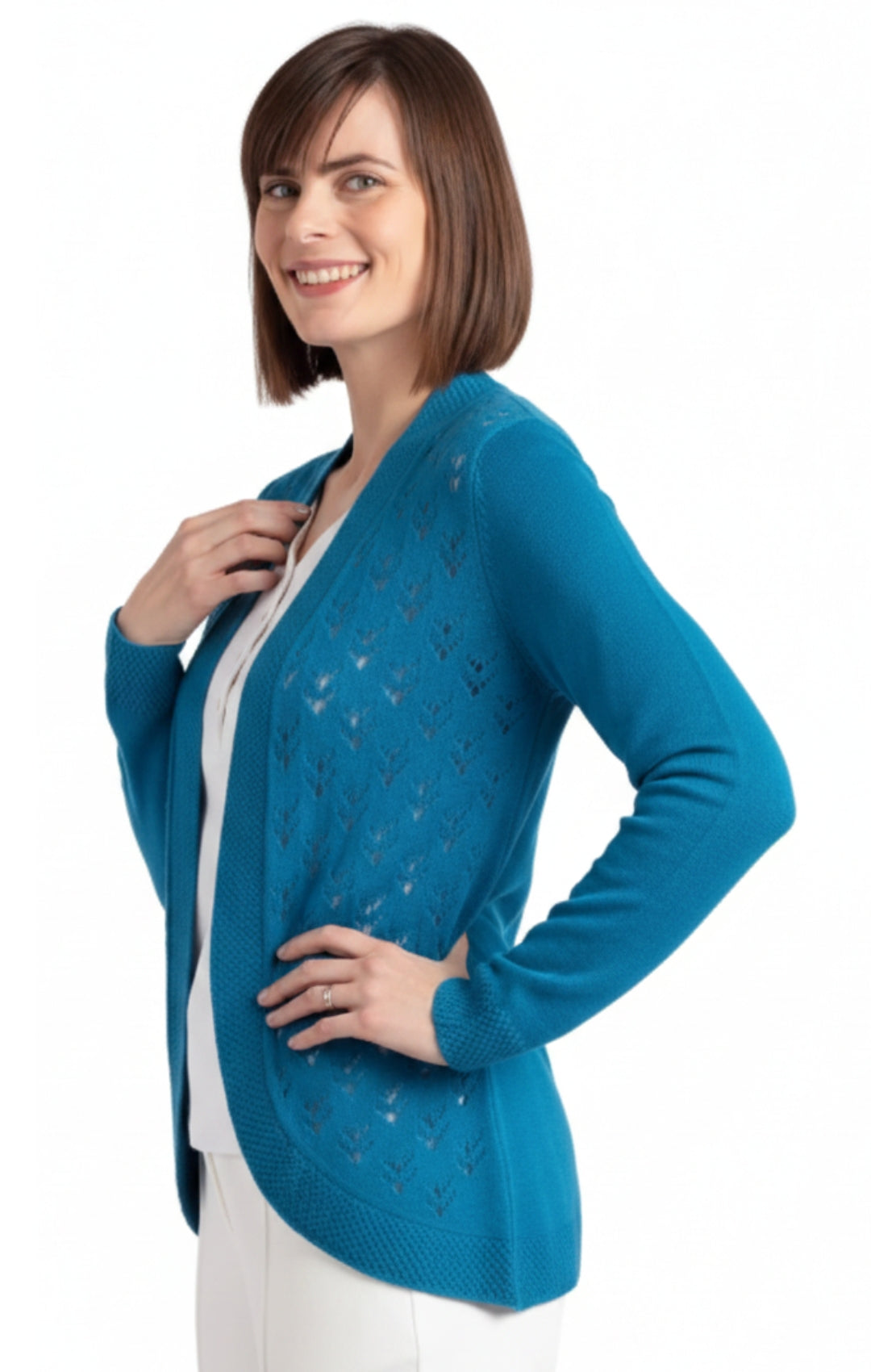 Women's Open Front Pointelle Shrug Curved Hem Knit Cardigan