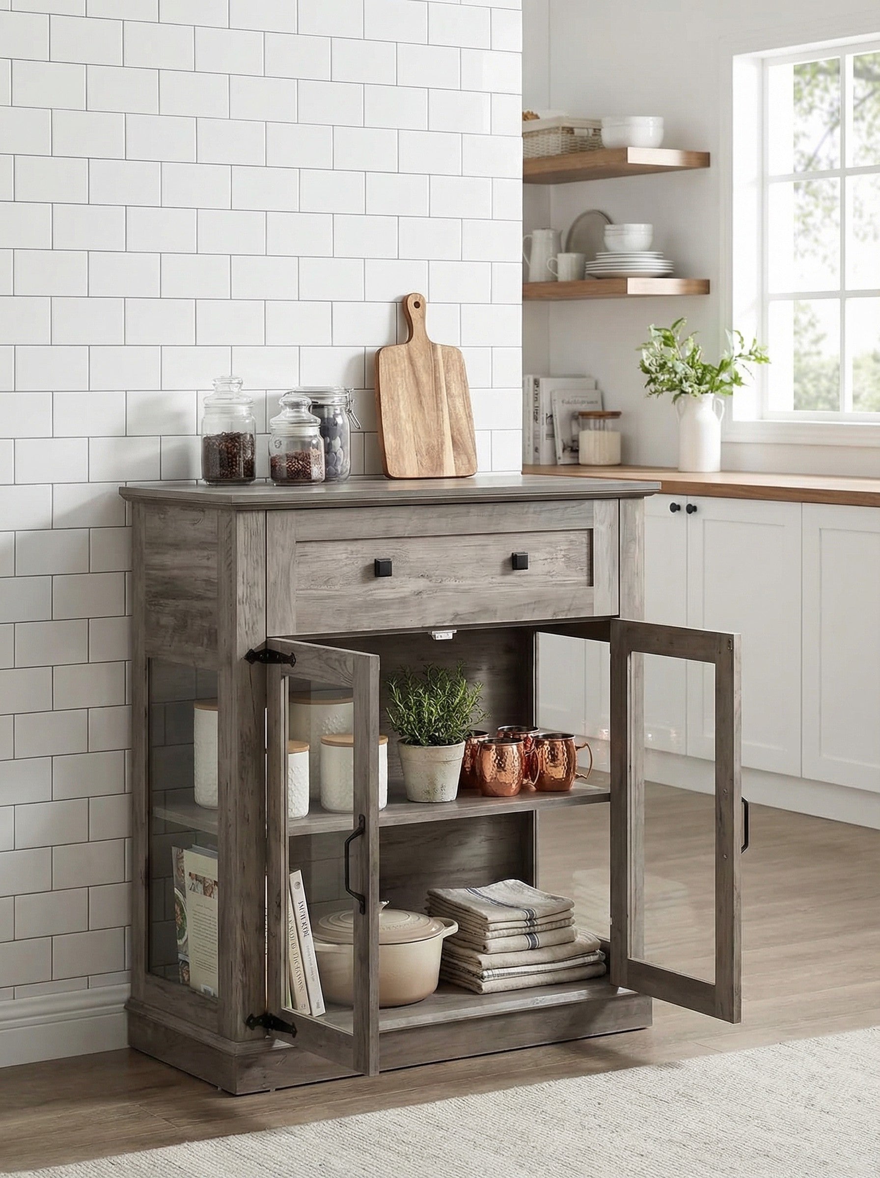 Modern Glass Door Cabinet with Adjustable Shelves, Compact Storage