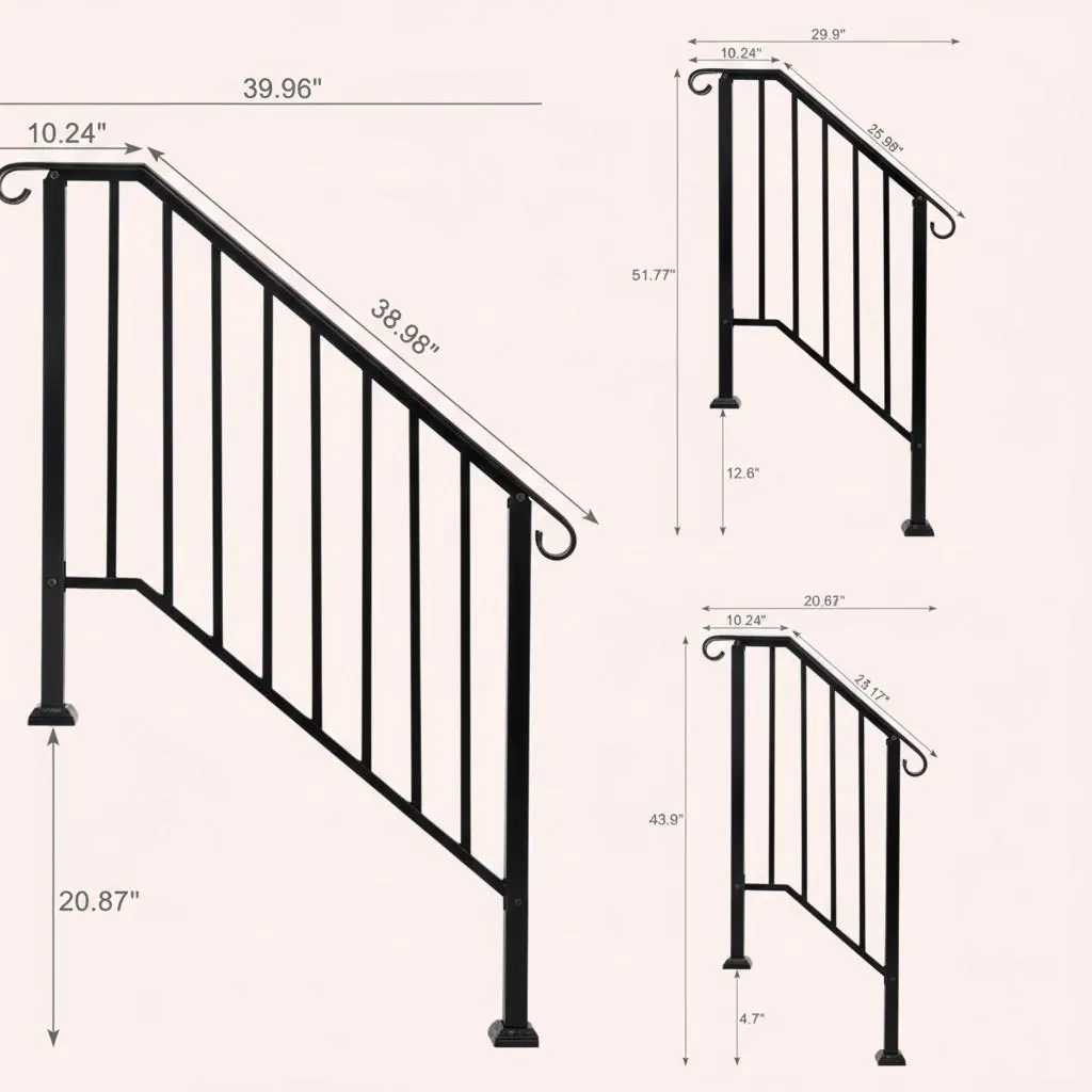 Adjustable Outdoor Stair Handrail for 1–4 Steps, Black Steel Railing