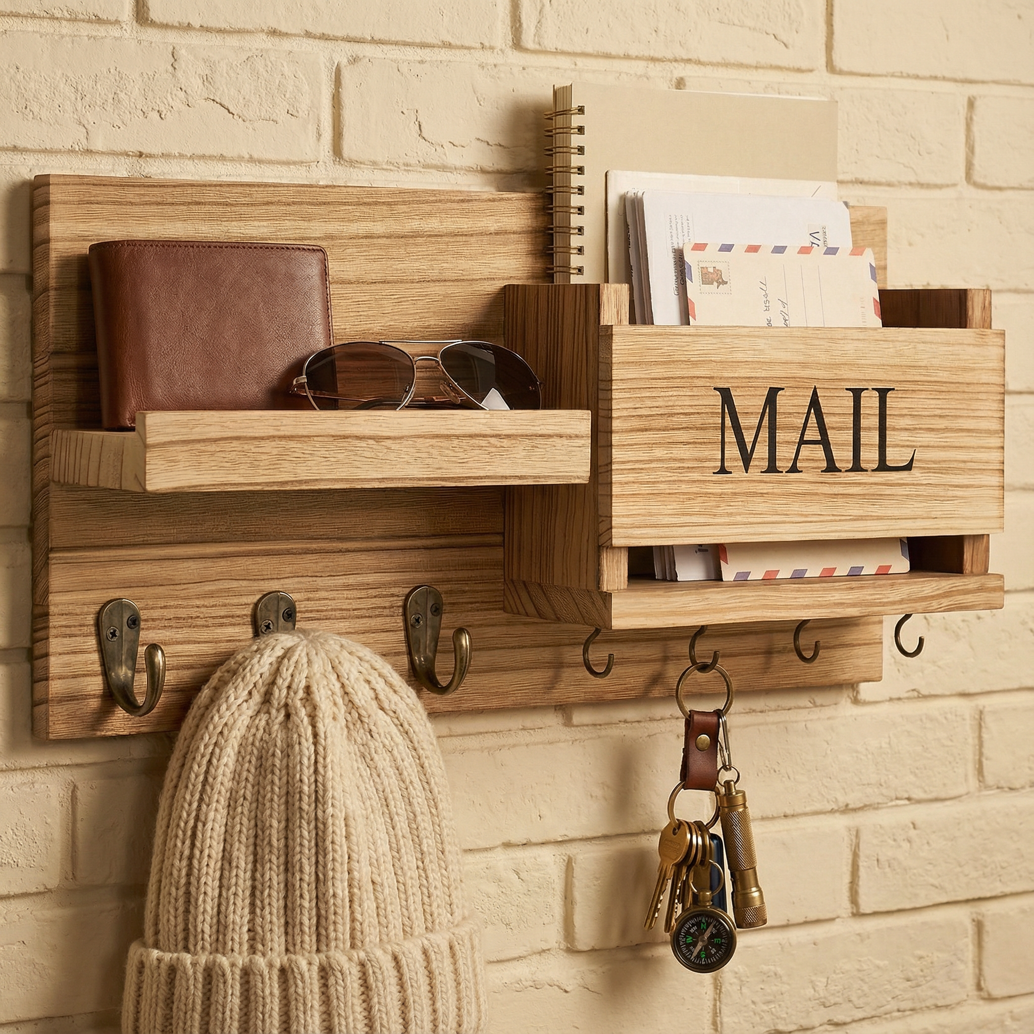 Rustic Wood Wall Organizer with Mail Rack, Key Hooks & Coat Rack