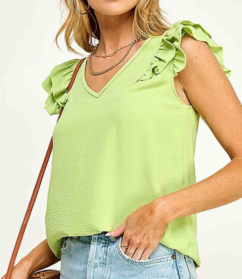 Bright lime green V-neck ruffled top with a relaxed fit and cap sleeves.