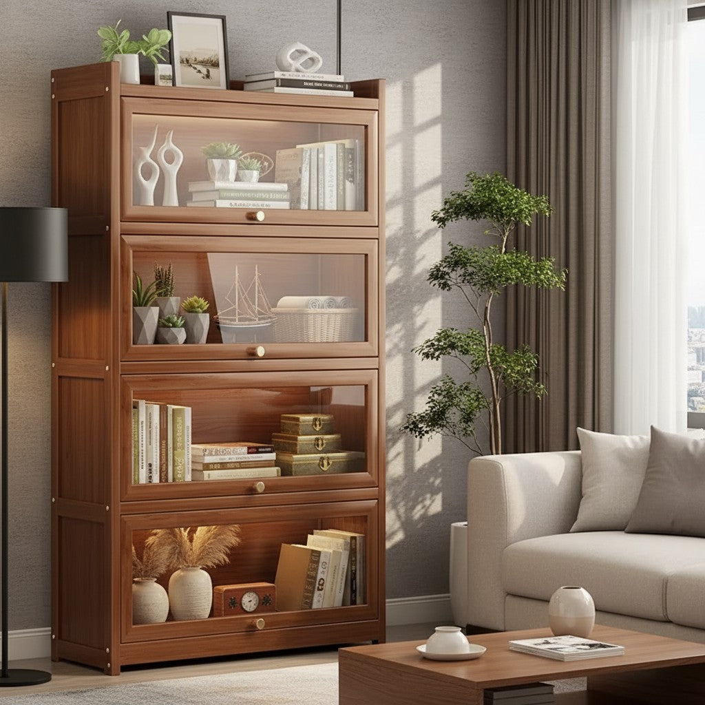Tall bamboo bookshelf with four tiers and clear acrylic flip-up doors in a modern living room.