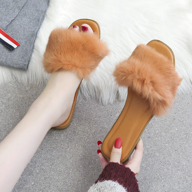 Women’s Faux Fur Slides – Open Toe Fluffy Flat Sandals