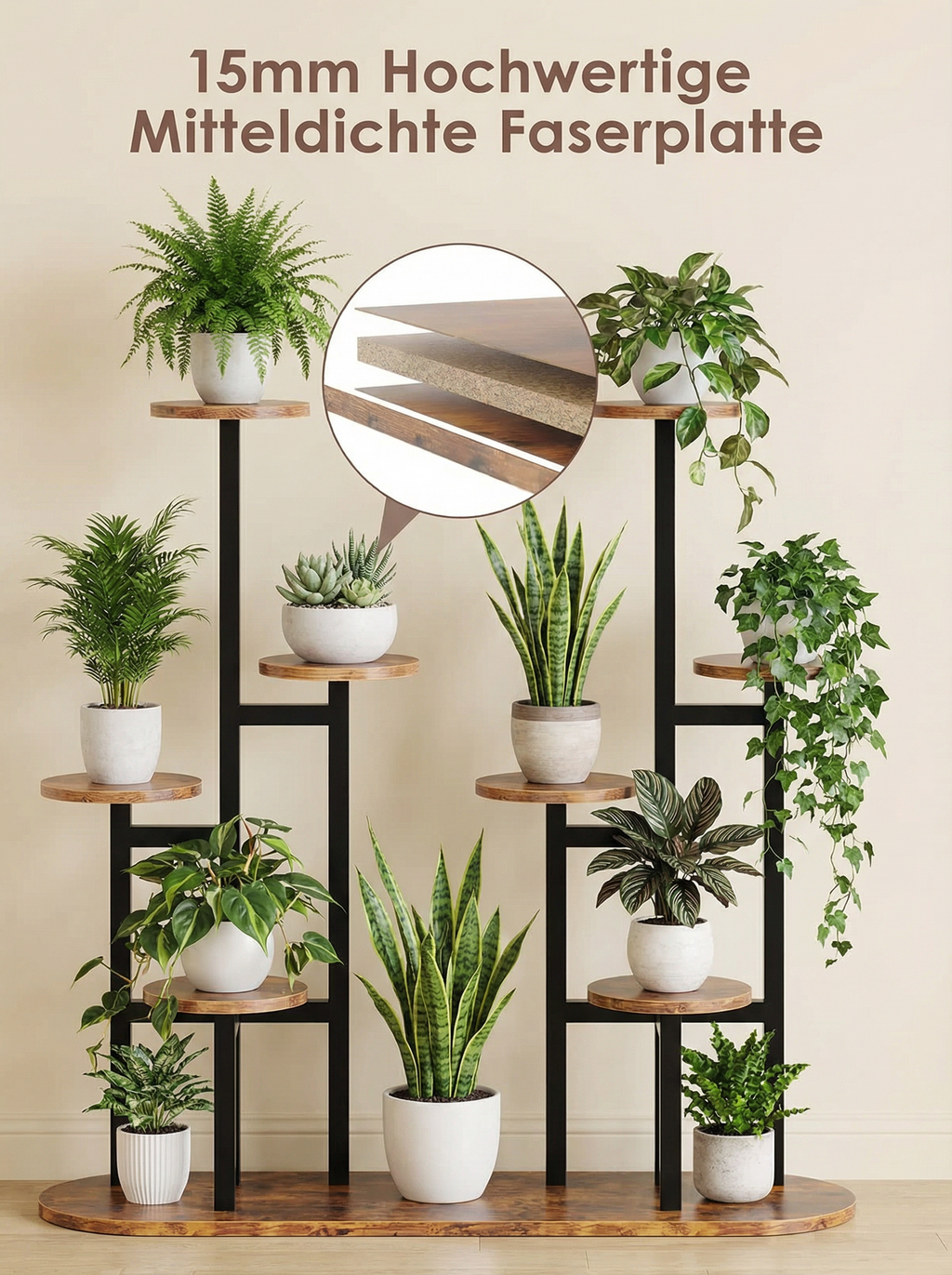 8-Tier Metal & Wood Plant Stand, Modern Indoor Outdoor Flower Rack