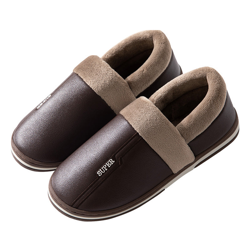 Waterproof Faux Leather Memory Foam Slippers with Plush Warm Lining