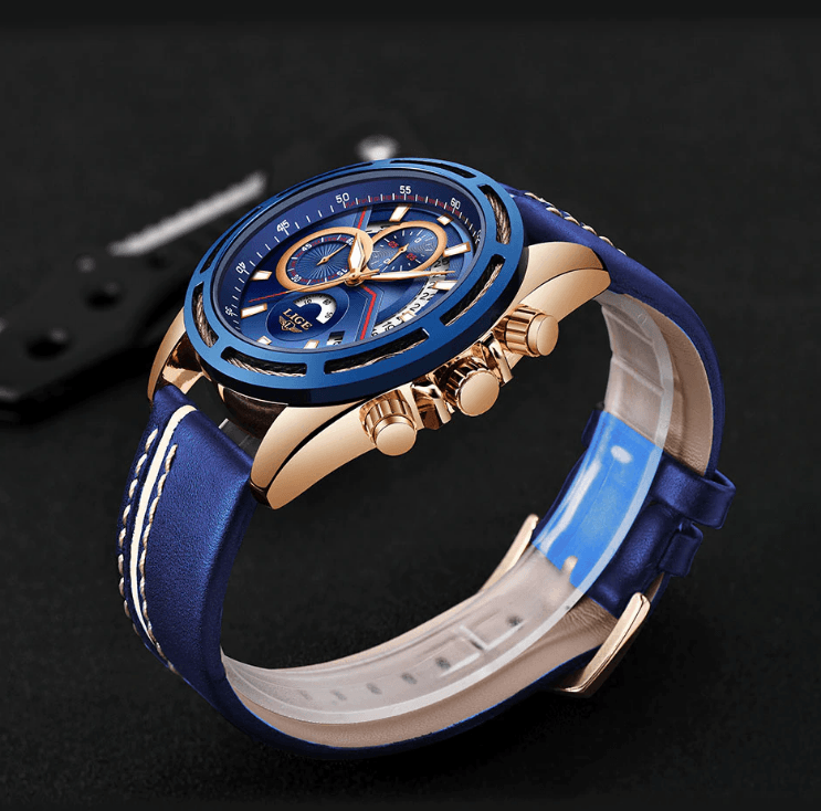 Men's Waterproof Chronograph Sports Watch with Leather Strap