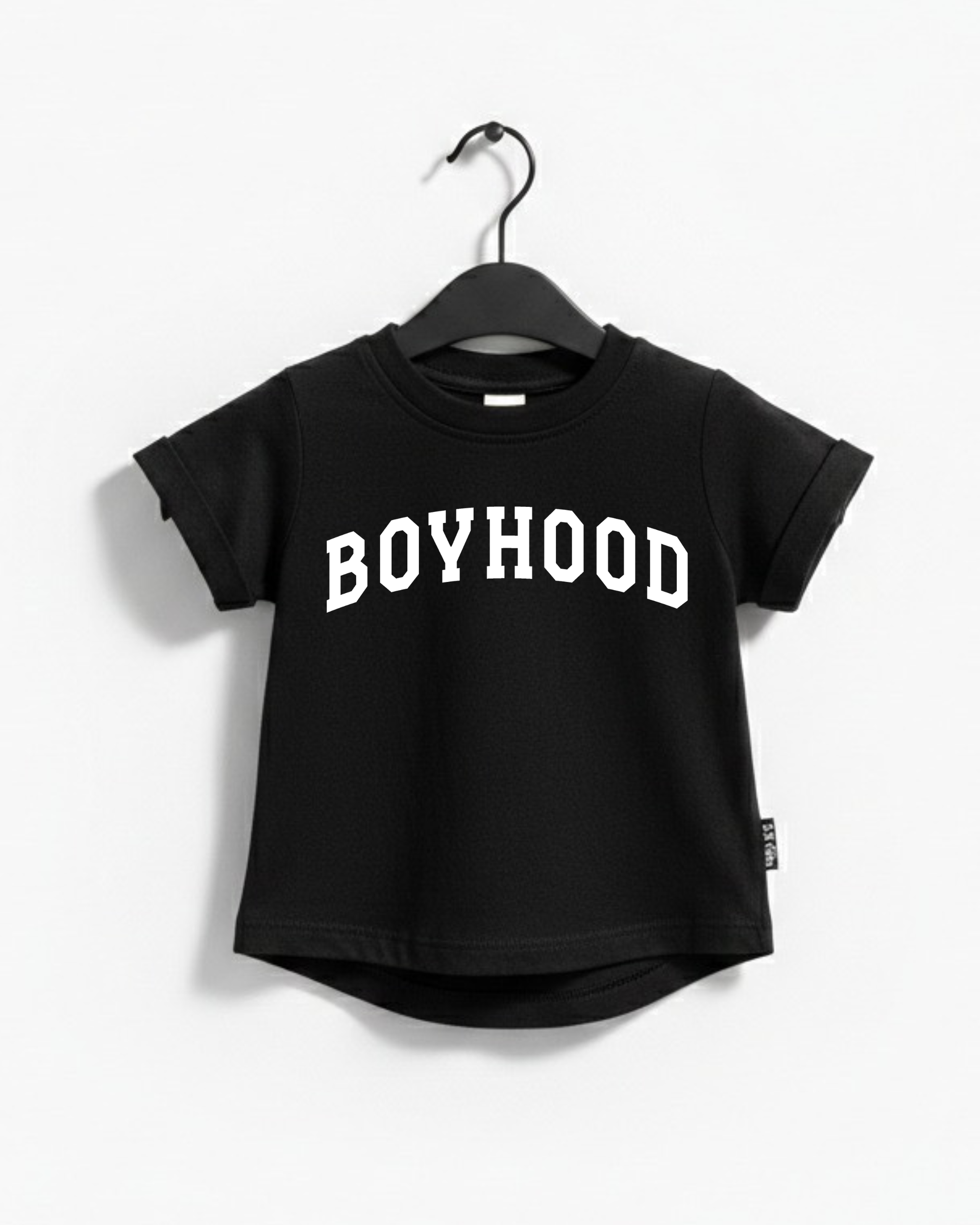 Unisex Boyhood Varsity graphic tee in black and white.