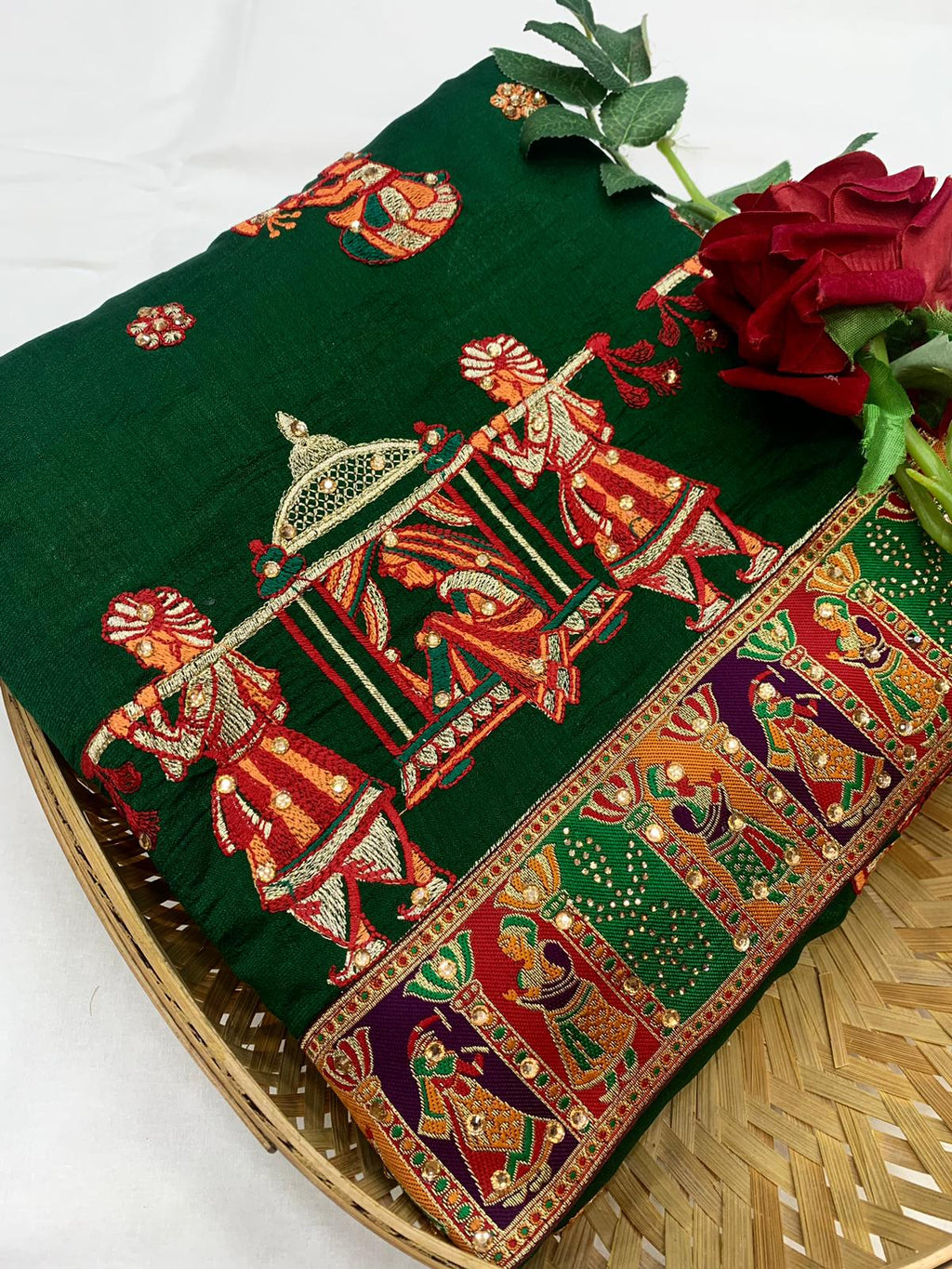 Green Vichitra Silk Saree with Embroidery and Diamond Work