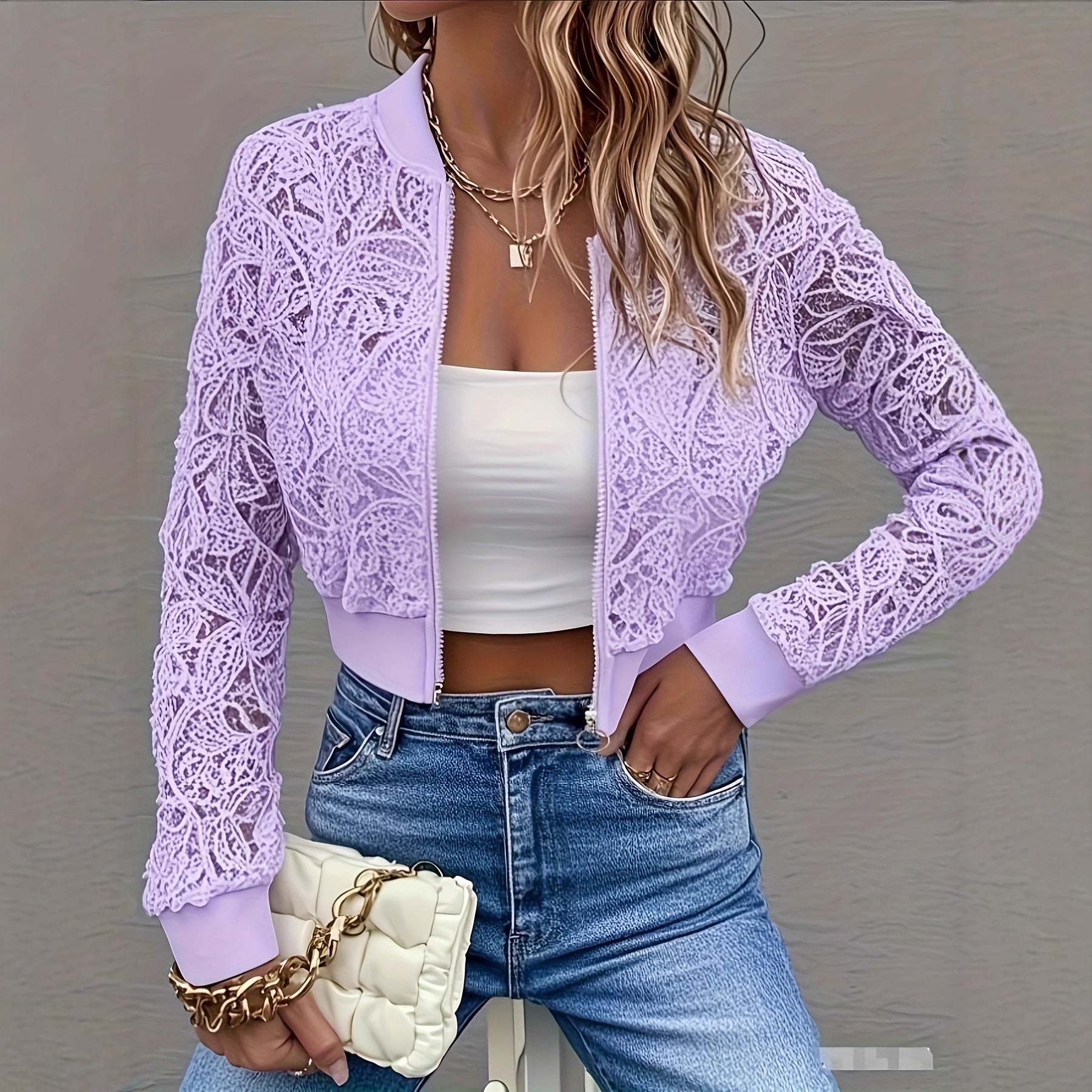 Women's White Elegant Lace Zip-Up Long Sleeve Bomber Jacket