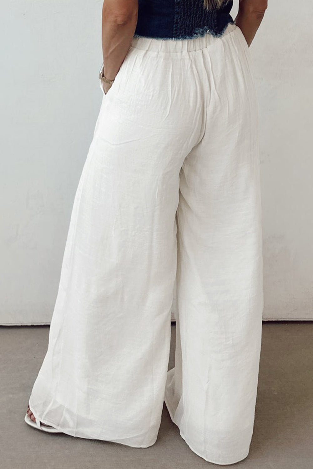 White Pleated Wide Leg Drawstring Pants Casual Flowy Trousers - Image 2