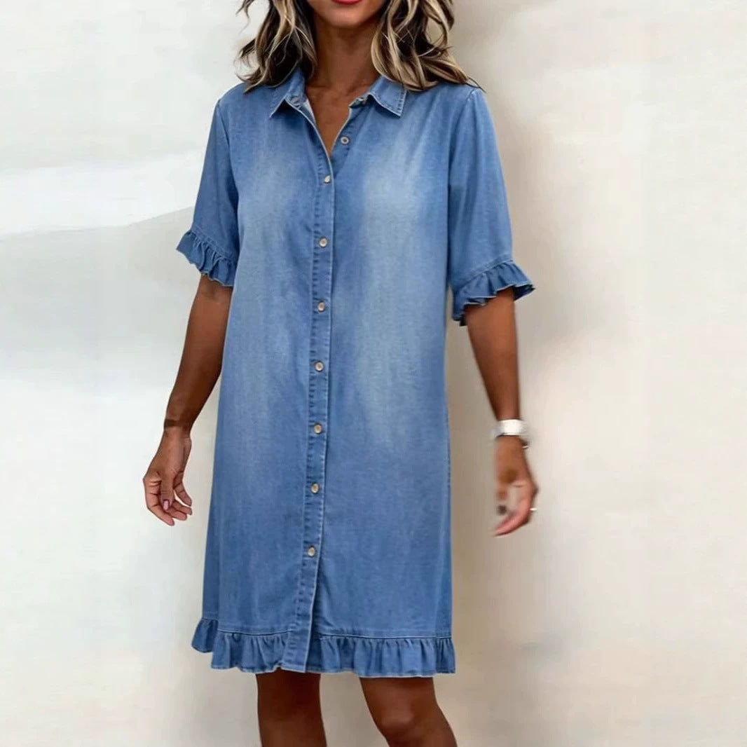 Women's Blue Faux Denim Ruffle Sleeve Casual Shirt Dress - Image 3