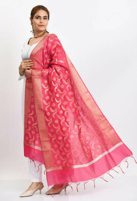 Pink Floral Woven Design Banarasi Silk Dupatta