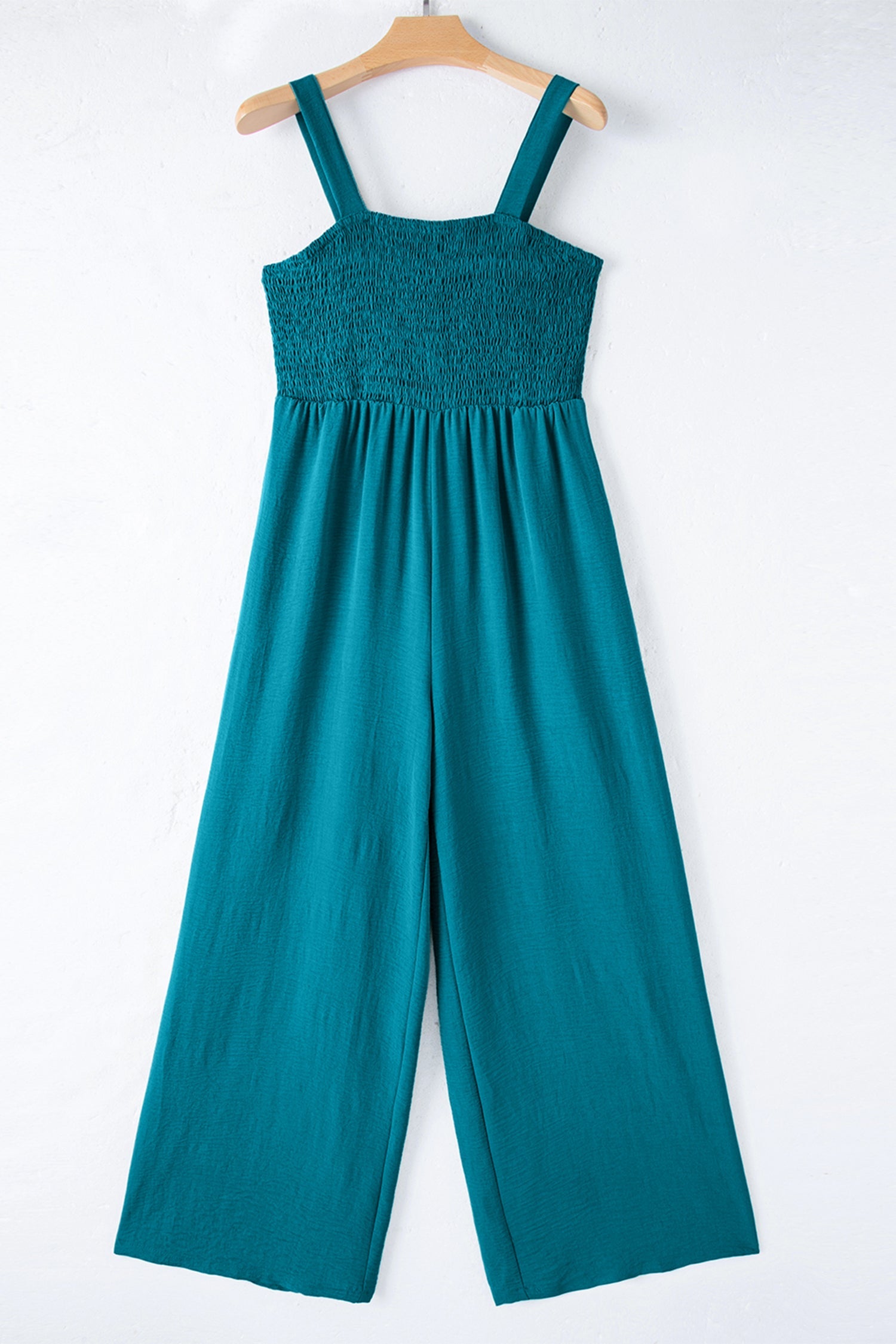Solid Smocked Square Neck Sleeveless Wide Leg Jumpsuit