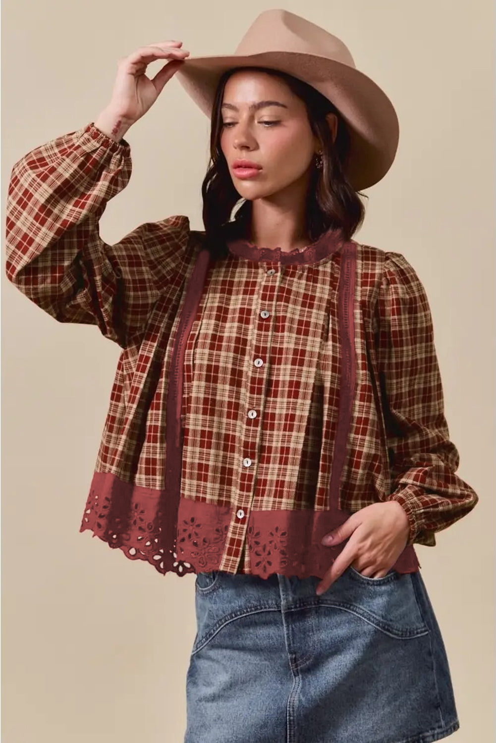 Red Dahlia Plaid Eyelet Lace Trim Button Down Shirt