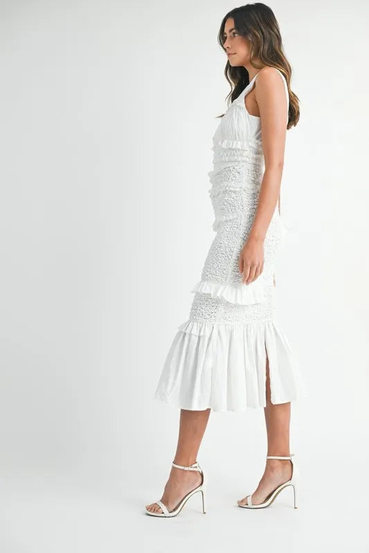 White Ruffled Popcorn Smocked Mermaid Midi Dress