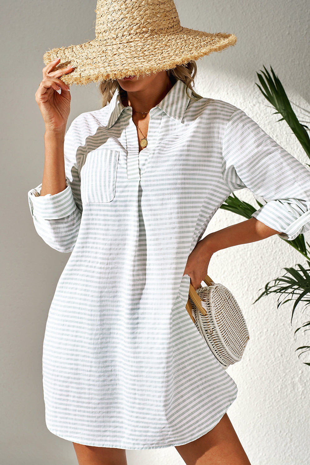 White Stripe Collared V-Neck Beach Cover Up with Chest Pocket
