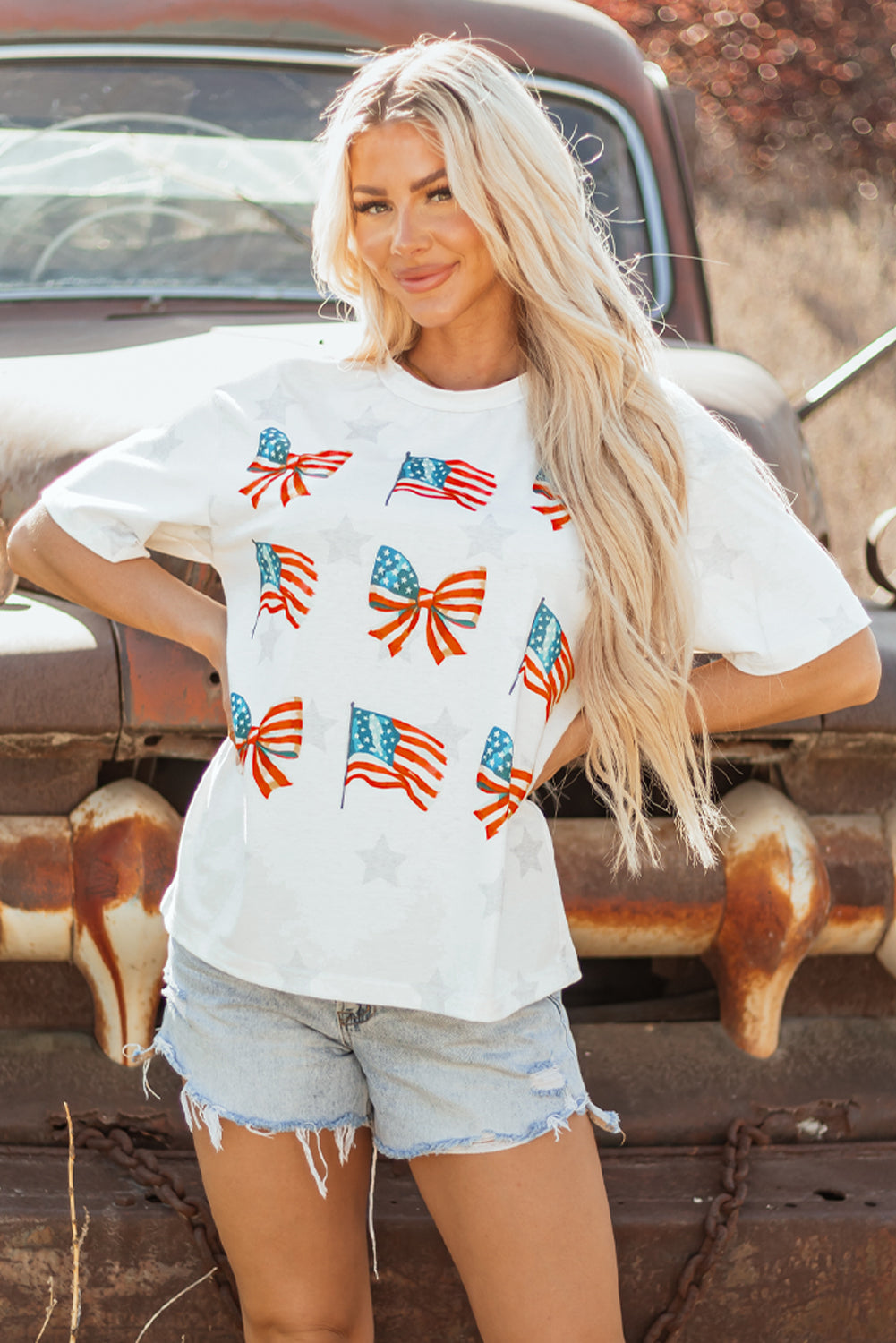 Khaki Patriotic Flag Bow Graphic Starry Round Neck T-Shirt