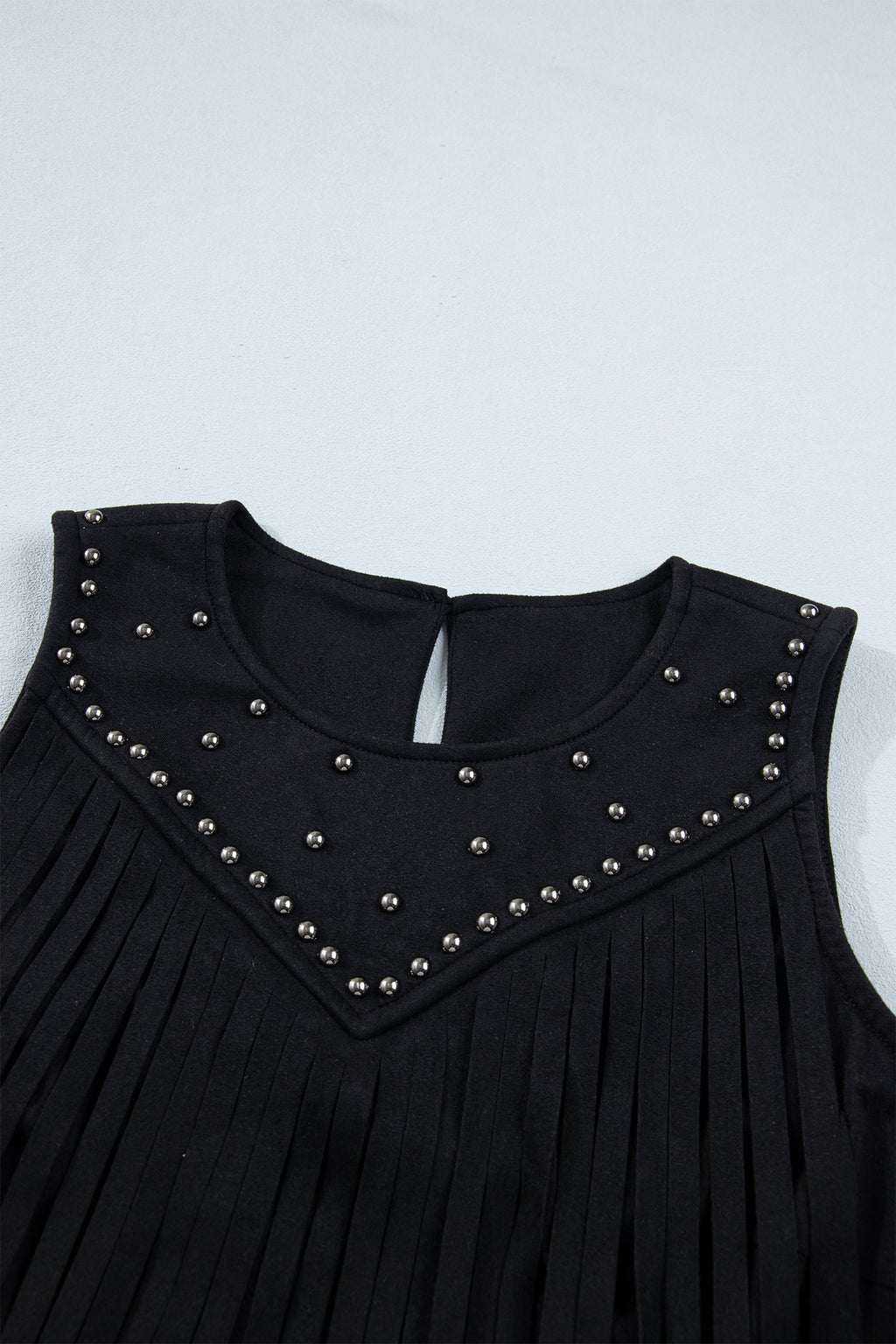 Black Sleeveless Bust Paneling Top with Fringe and Rivets