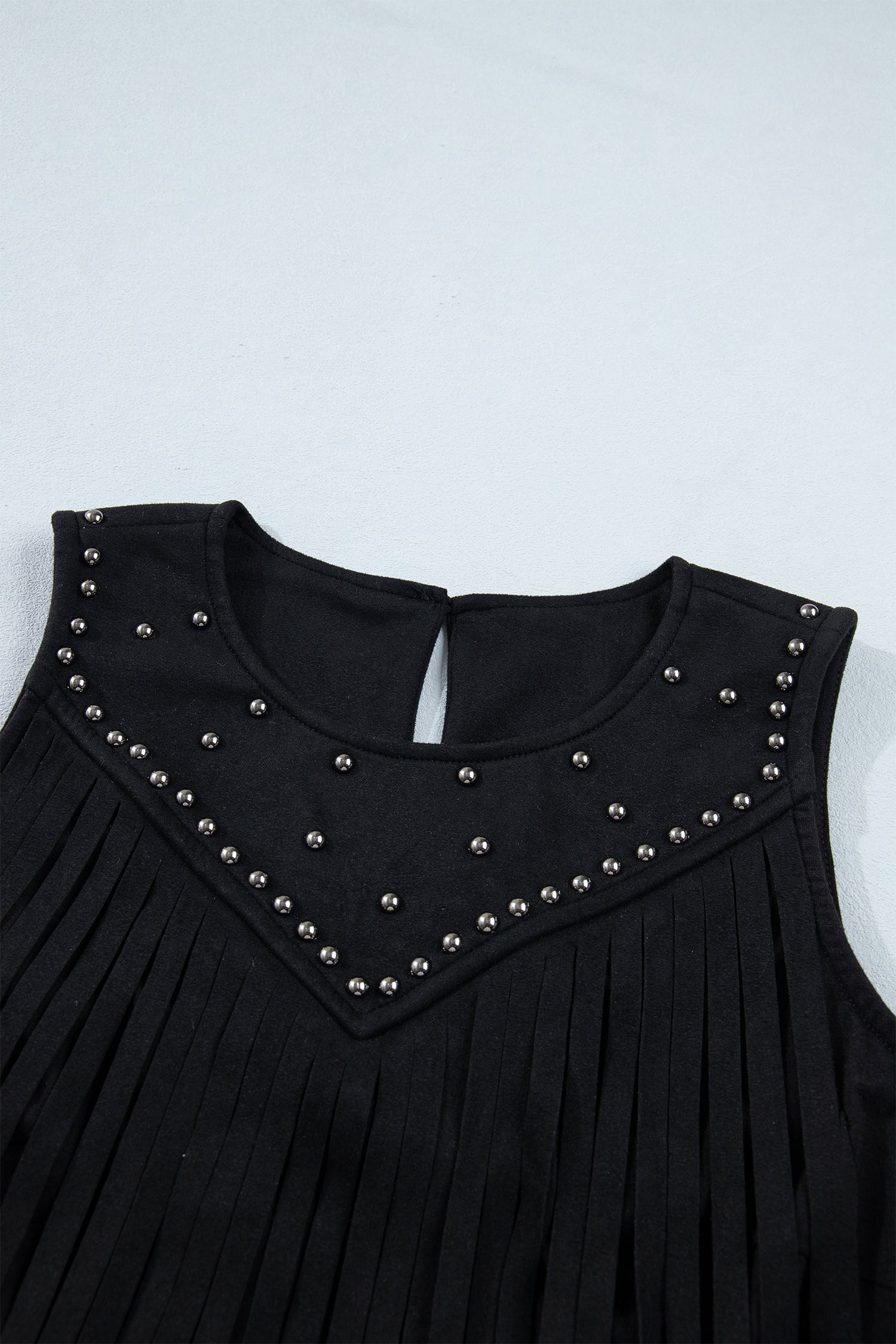 Black Sleeveless Bust Paneling Top with Fringe and Rivets