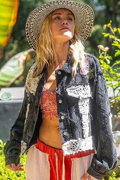 Black Button-Up Jacket with Crochet Patches and Embroidery