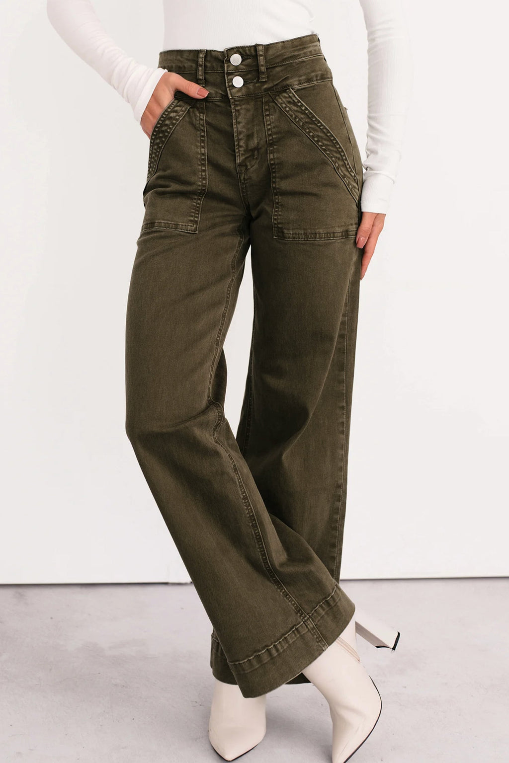 112 Jungle Green Double Waistband Loose Straight Jeans
