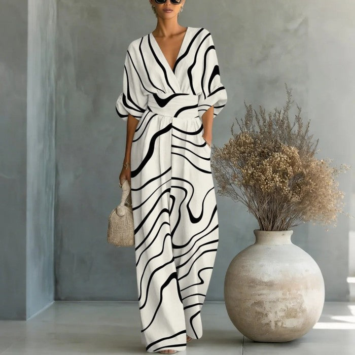 Women's V-Neck Floral Print Wide-Leg Jumpsuit with Cinched Waist - Image 4
