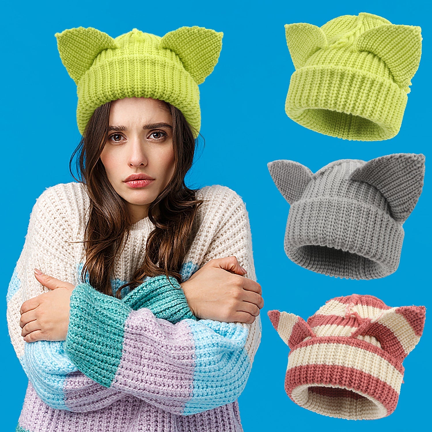 A woman wearing a vibrant green devil-ear knitted beanie, with additional views of the hat in grey and striped patterns.
