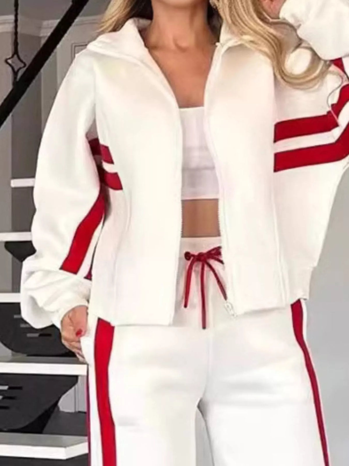 Full Size Contrast Stripe Zip Up Jacket and Pants Set Plus Size