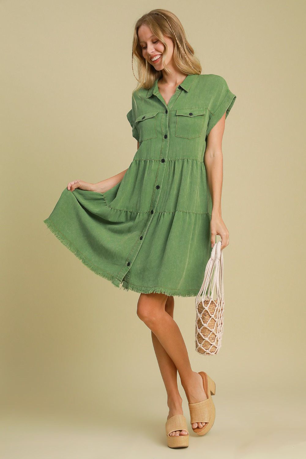 Green Denim Button-Down Shirt Dress Casual Bohemian Midi