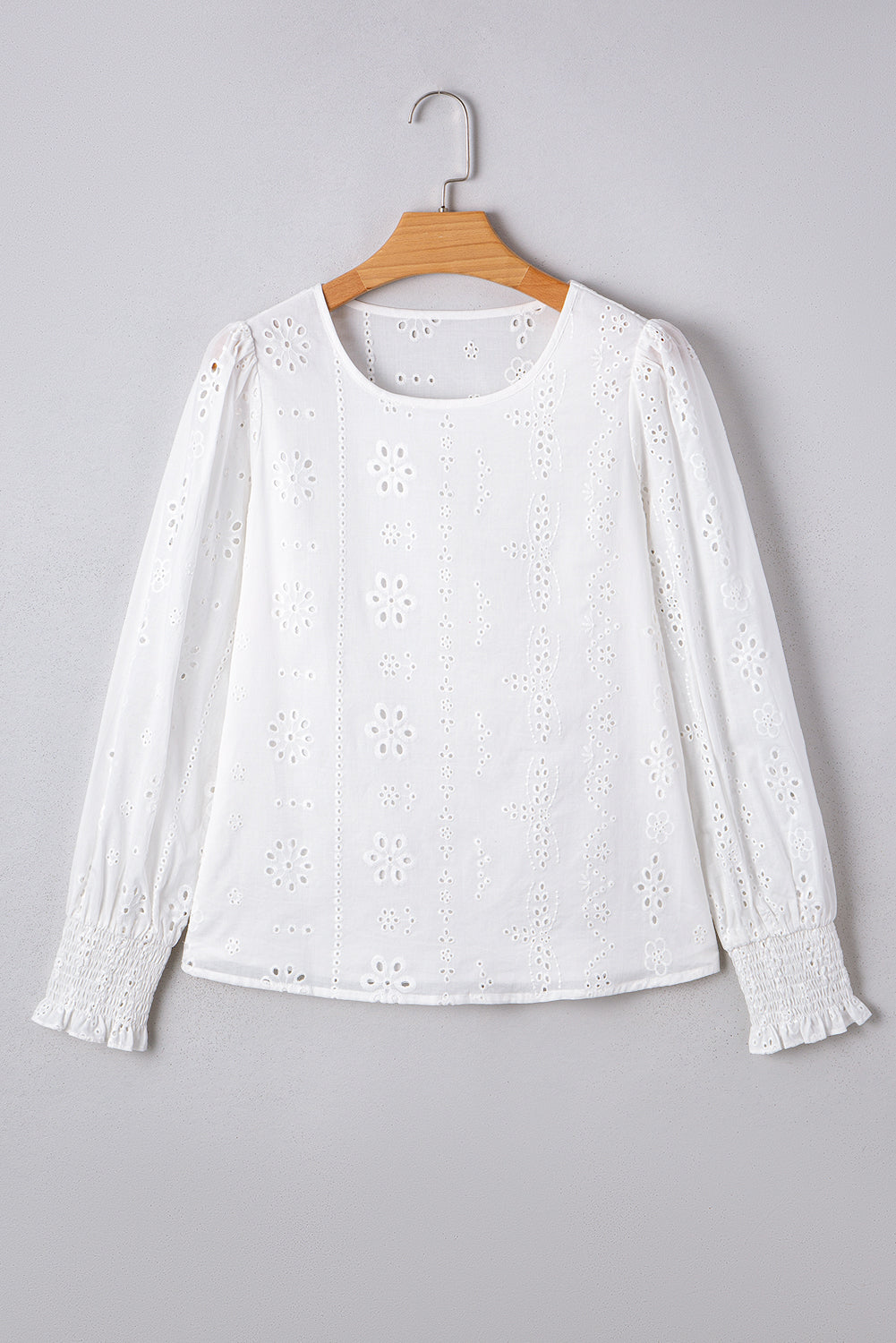 White Solid Eyelet Embroidered Long Sleeve Smocked Blouse - Image 6