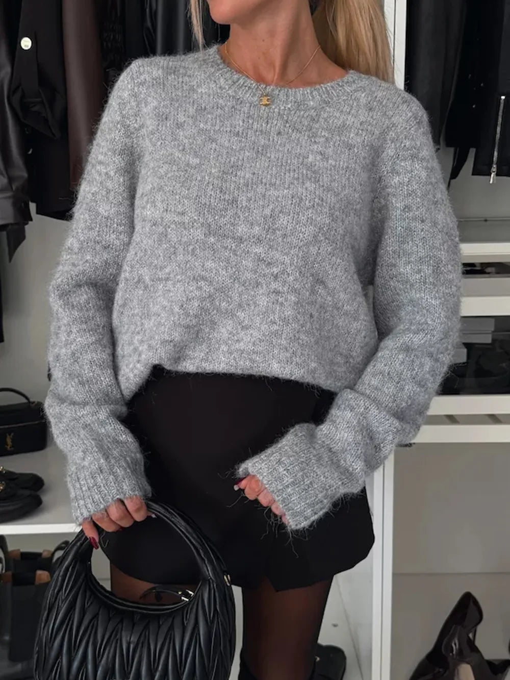 Women’s Bow Detail Slit Back Round Neck Sweater