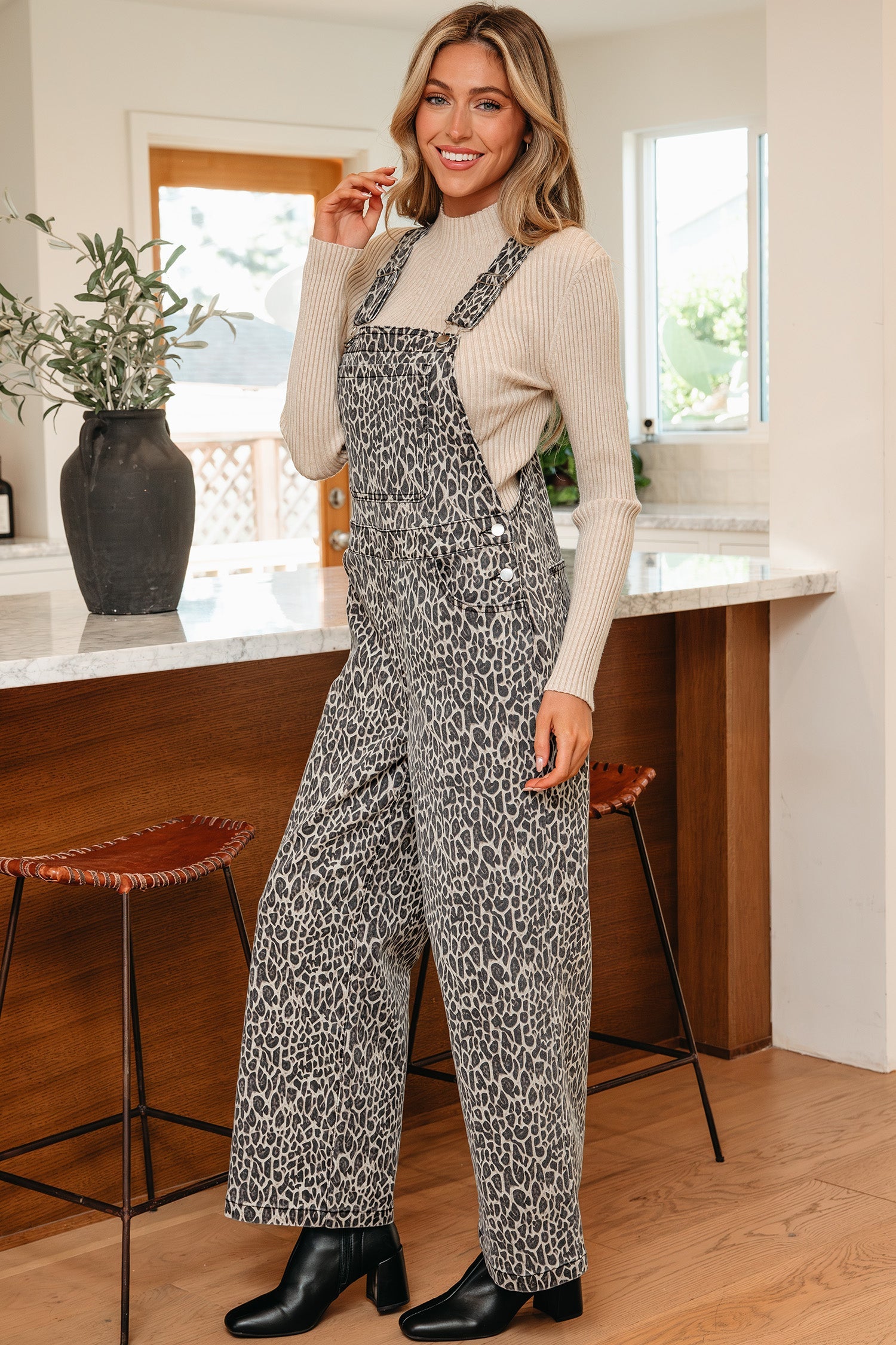 Leopard Straight Leg Loose Denim Overall Jumpsuit