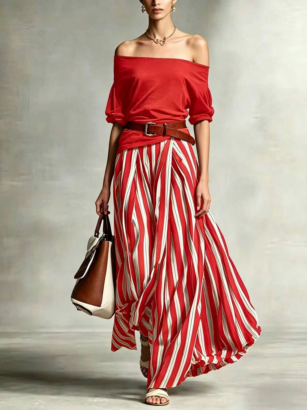 Women's One-Shoulder Bubble Sleeve Top & Stripe Skirt 2-Piece Set