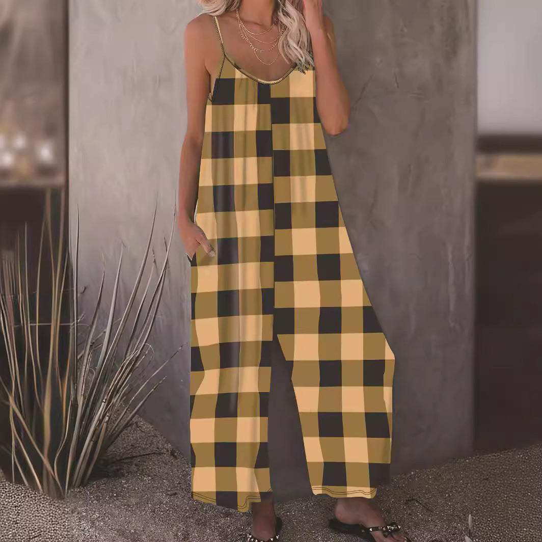 Casual plaid sling jumpsuit with straight leg fit in light green