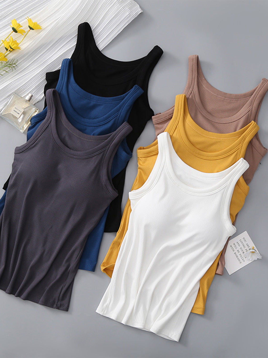 Women's Fitted Round Neck Tank Top with Built-in Bra - Sleeveless