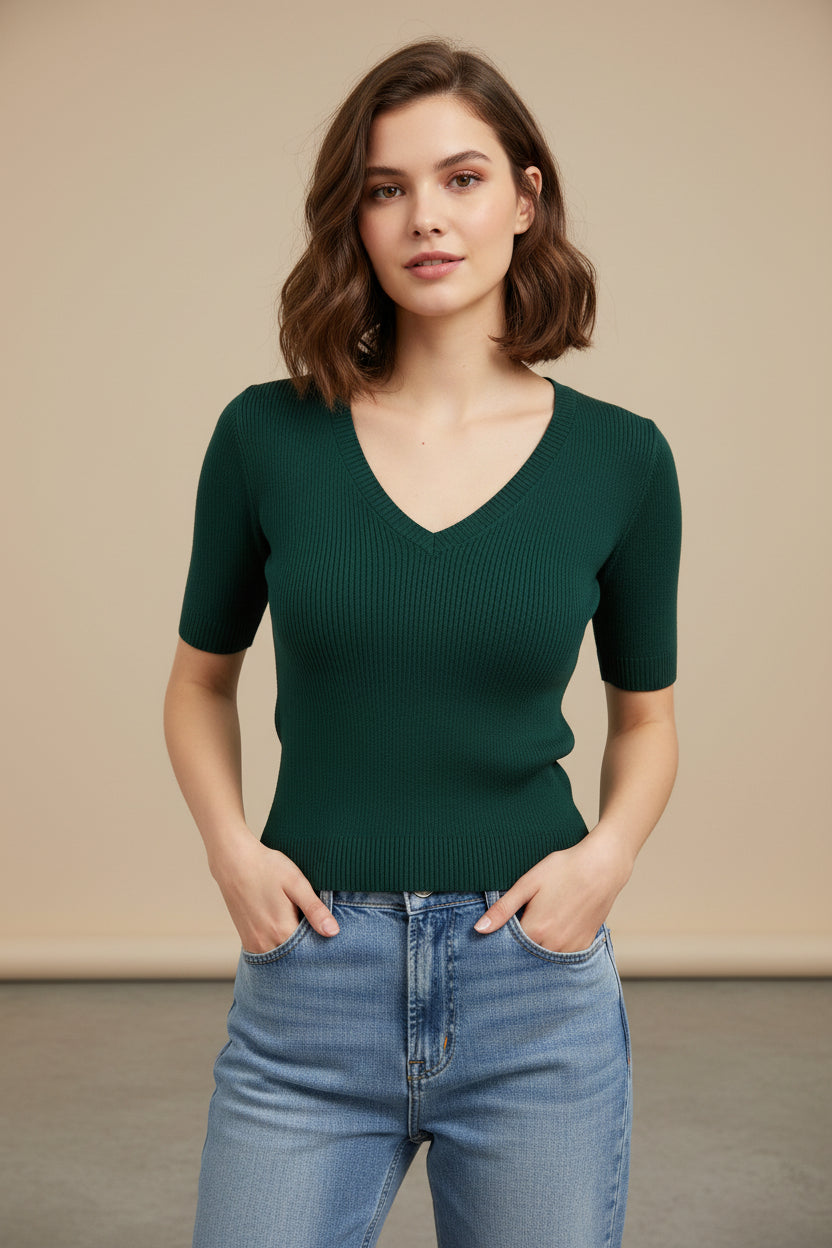 Solid Color Ice Silk Knit Top Short Sleeve Commuter Shirt
