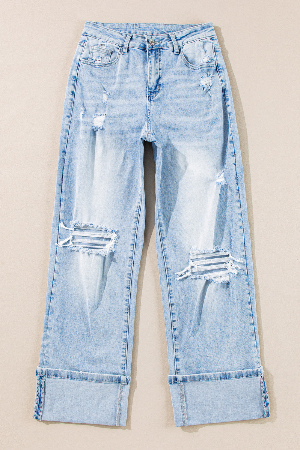 Distressed Light Wash Straight Leg Denim Jeans for Women