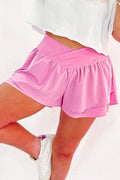 Bright Pink Crossed Waist Tiered Flowy Shorts