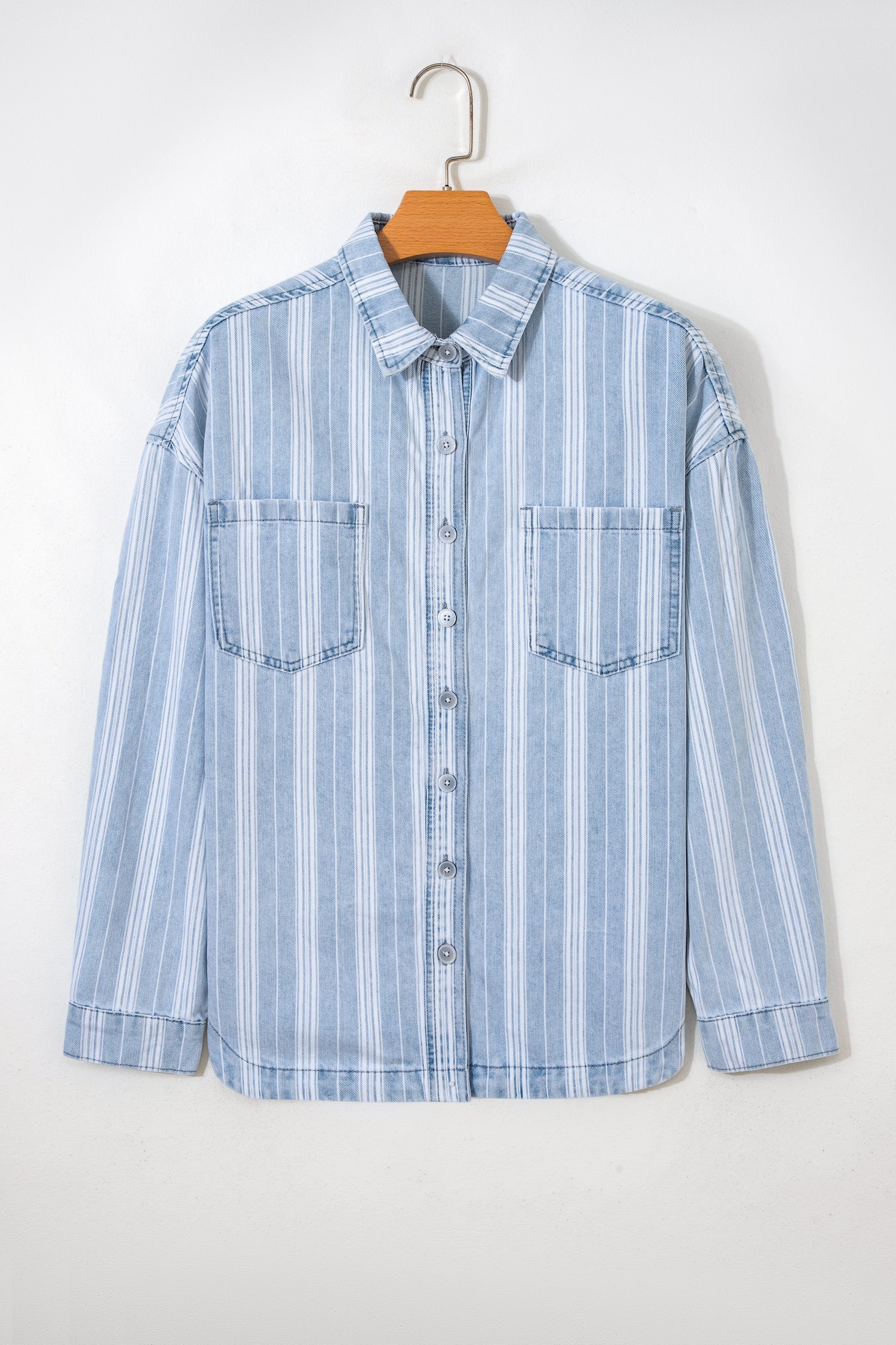 Stripe Denim Chest Pocket Boyfriend Shacket