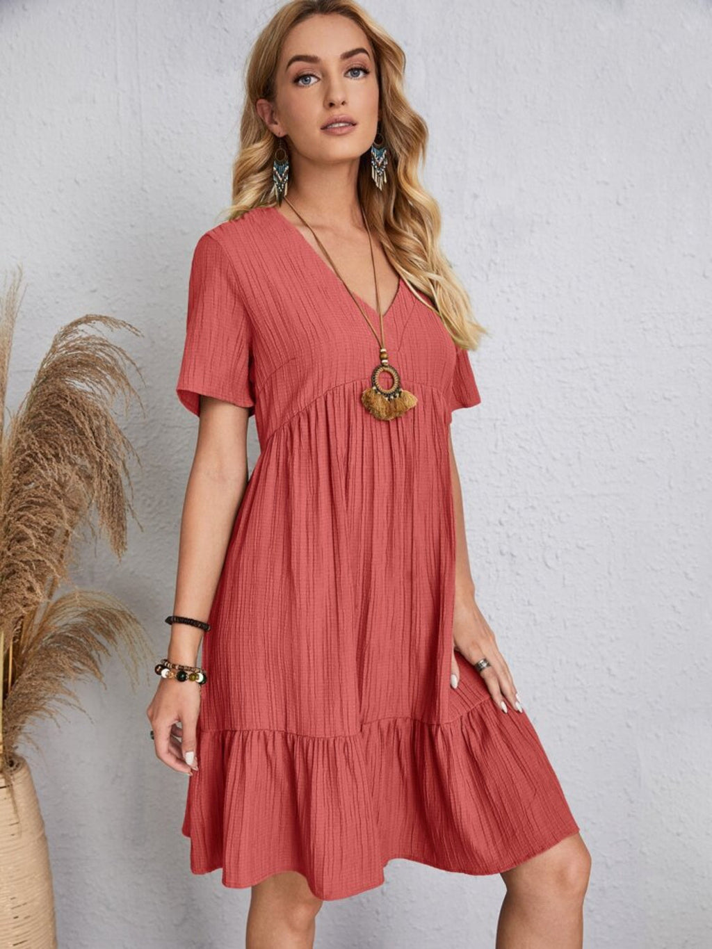 Classic V-Neck Short Sleeve Casual Midi Dress