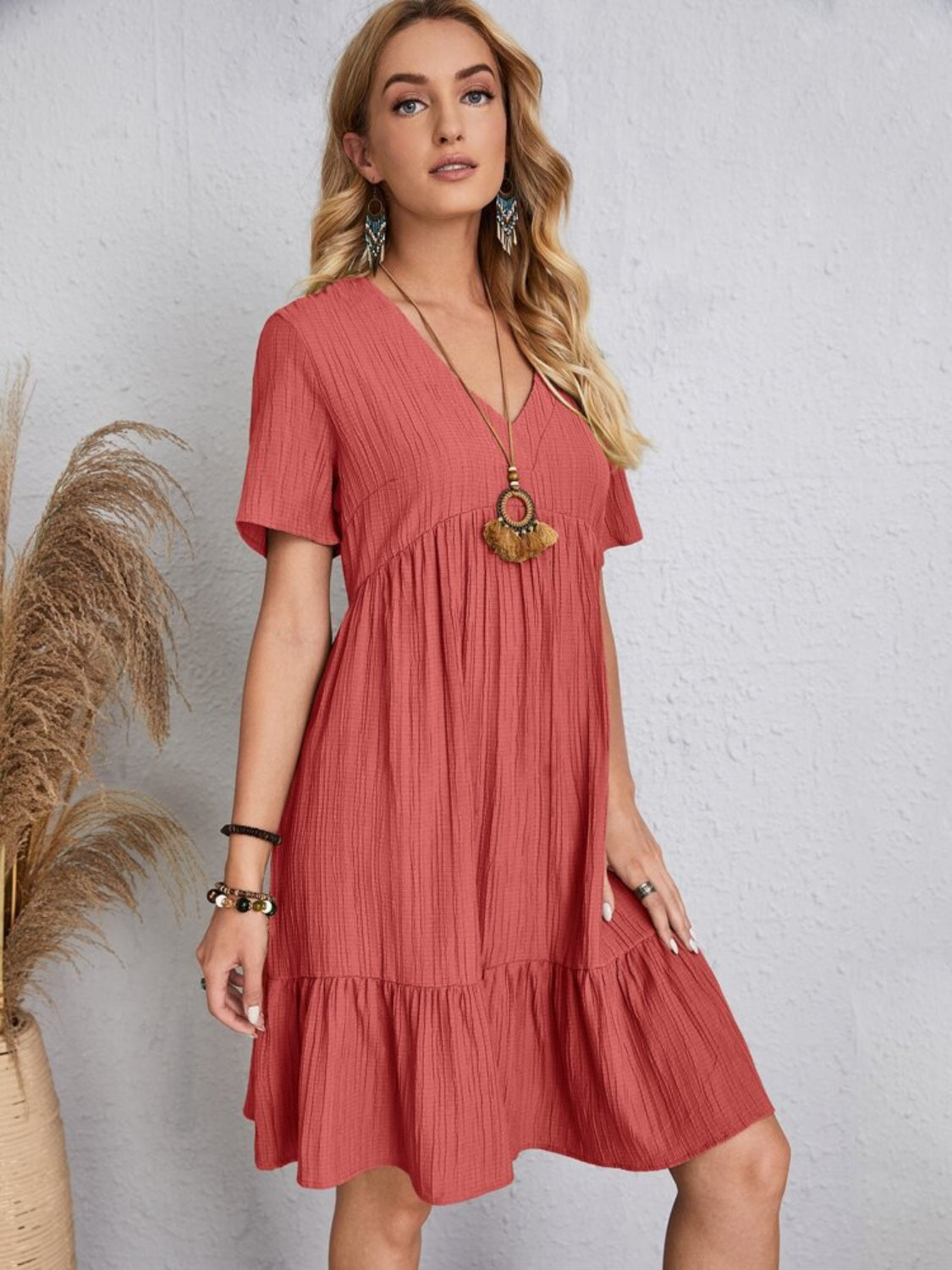 Classic V-Neck Short Sleeve Casual Midi Dress