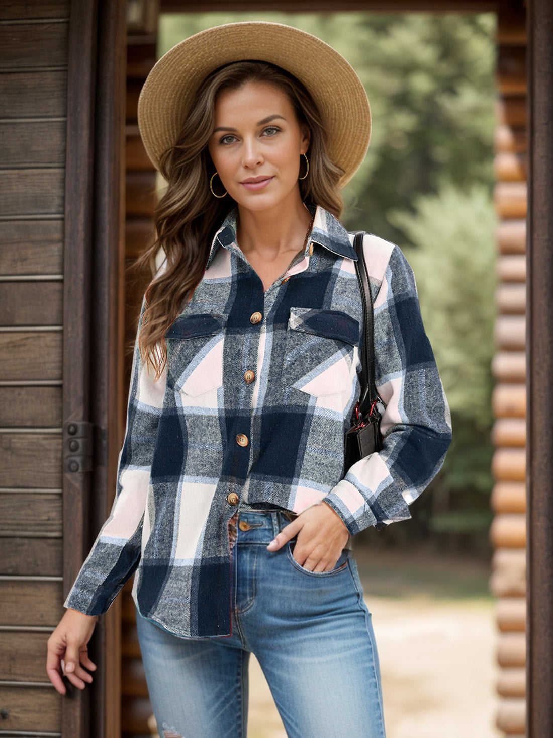 Women's Plaid Shacket with Collar and Chest Pockets - Image 2