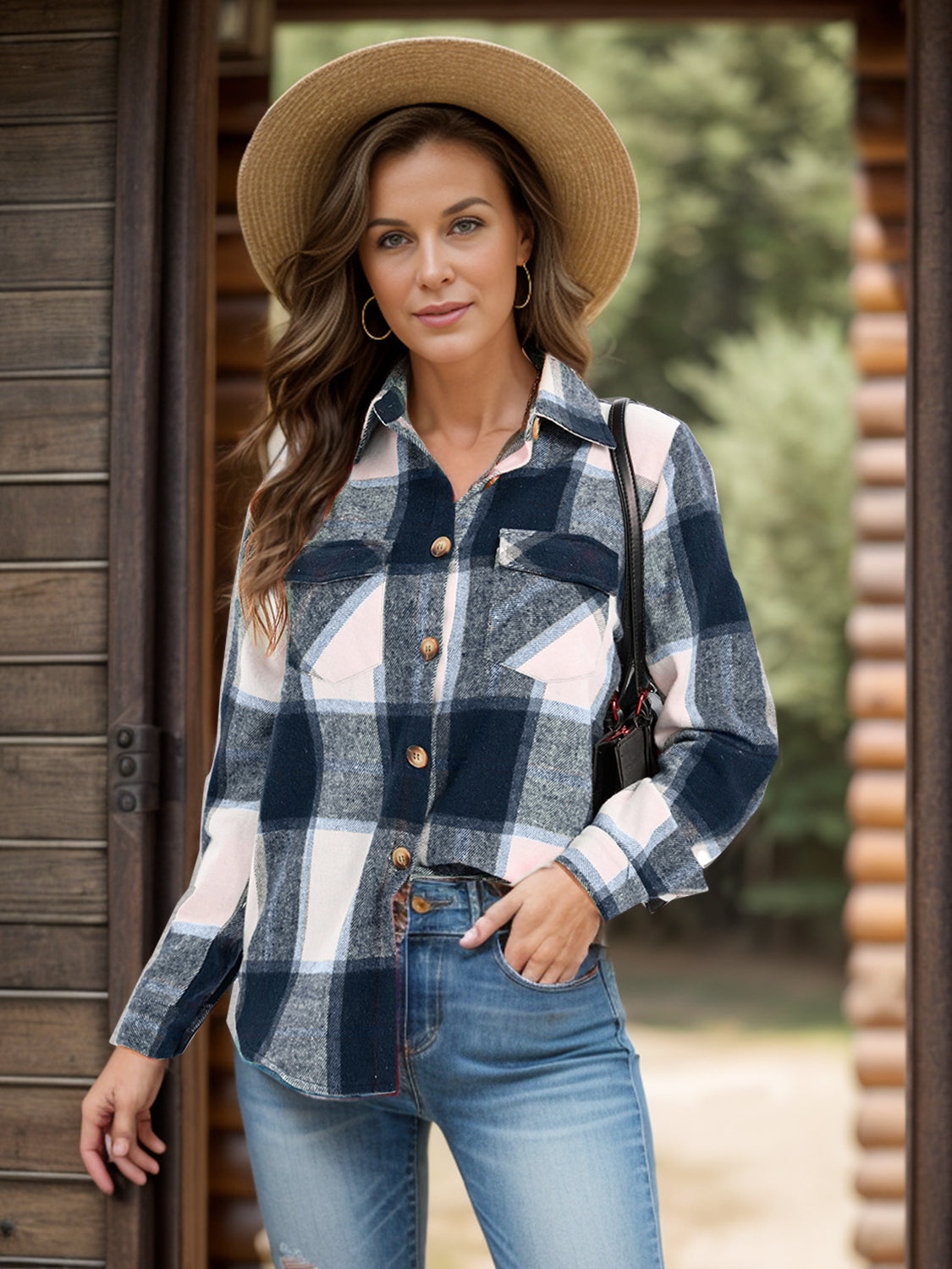 Women's Plaid Shacket with Collar and Chest Pockets - Image 2