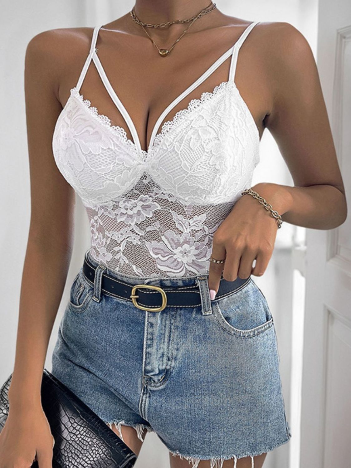 White Spaghetti Strap Lace Bodysuit Sheer Floral Stretchy Top
