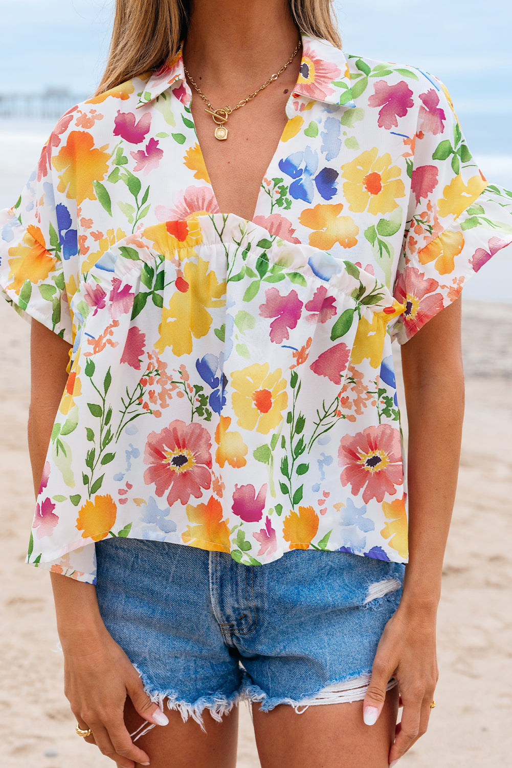 Yellow Floral Boxy V Neck Blouse with Ruffled Short Sleeves