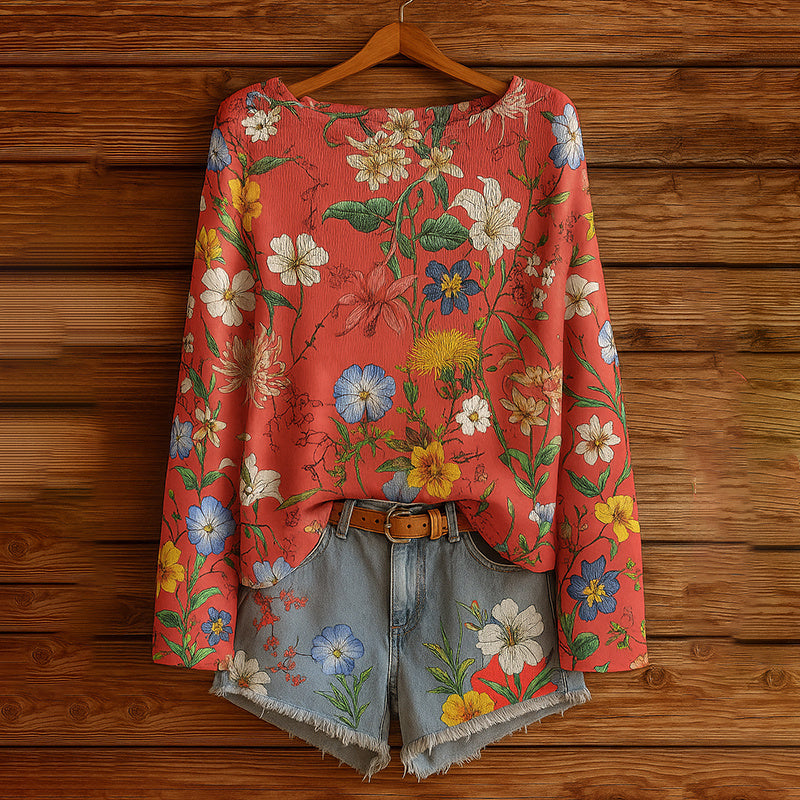 Women’s Fall Wildflower Print Long Sleeve T-Shirt Cozy Top - Image 5