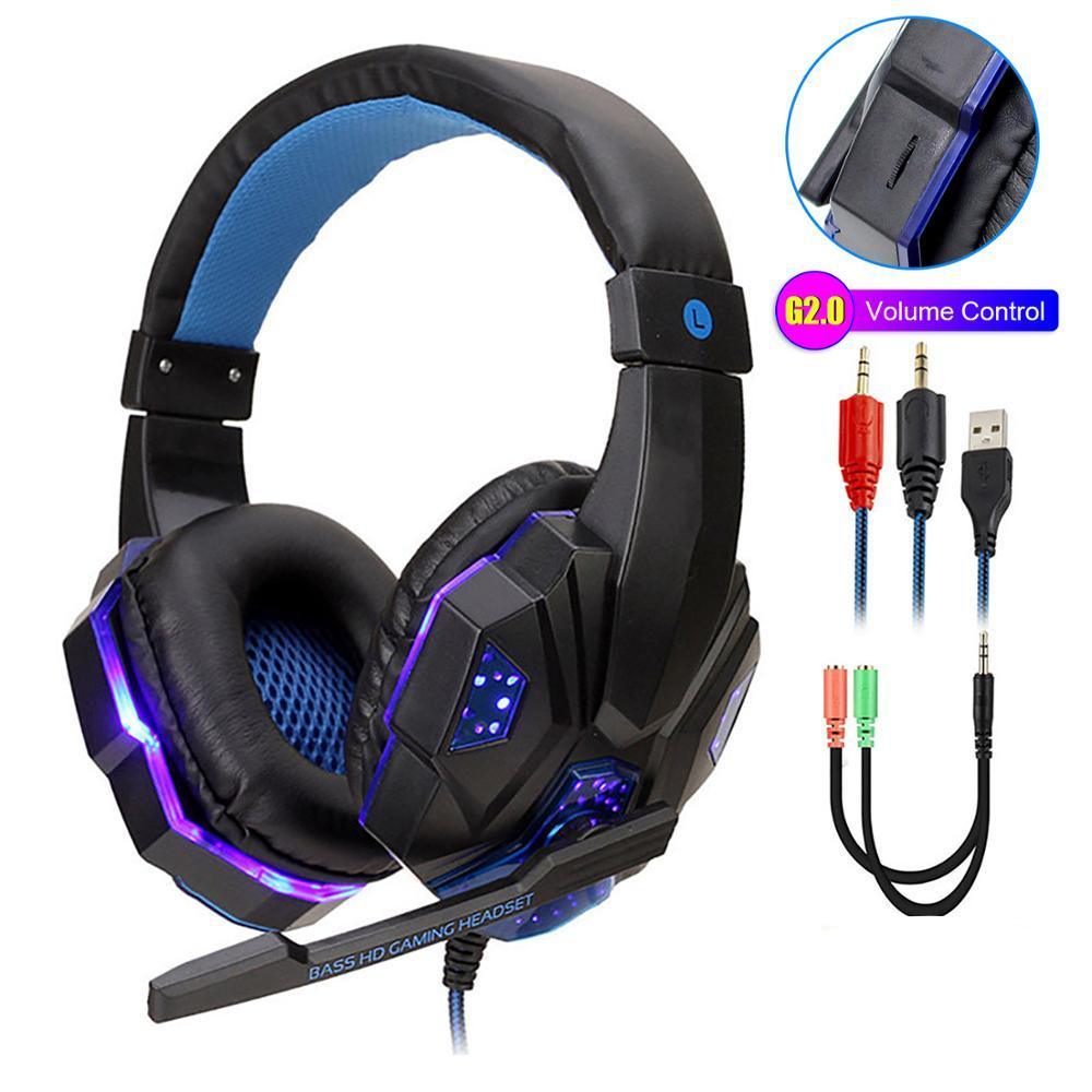 Professional black gaming headphones with LED lights and adjustable microphone.